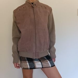 Vintage Split Skin Leather & Knit Bomber Jacket / Size Large